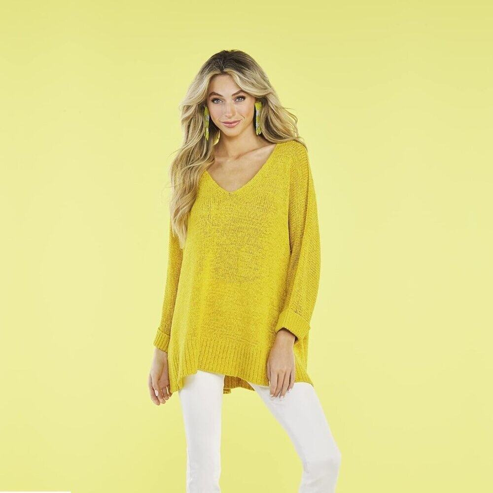 2/$30 Mudpie Oversized Slouchy Cozy V Neck Sweater Yellow Small #A0215 TRB2